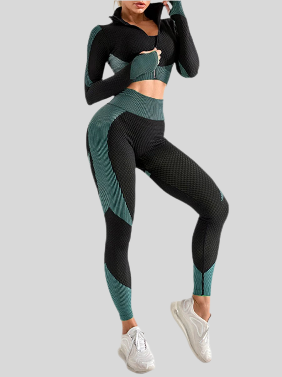 Zipper Patchwork 2-Piece Sports Set with Thumbholes & Elastic Fit