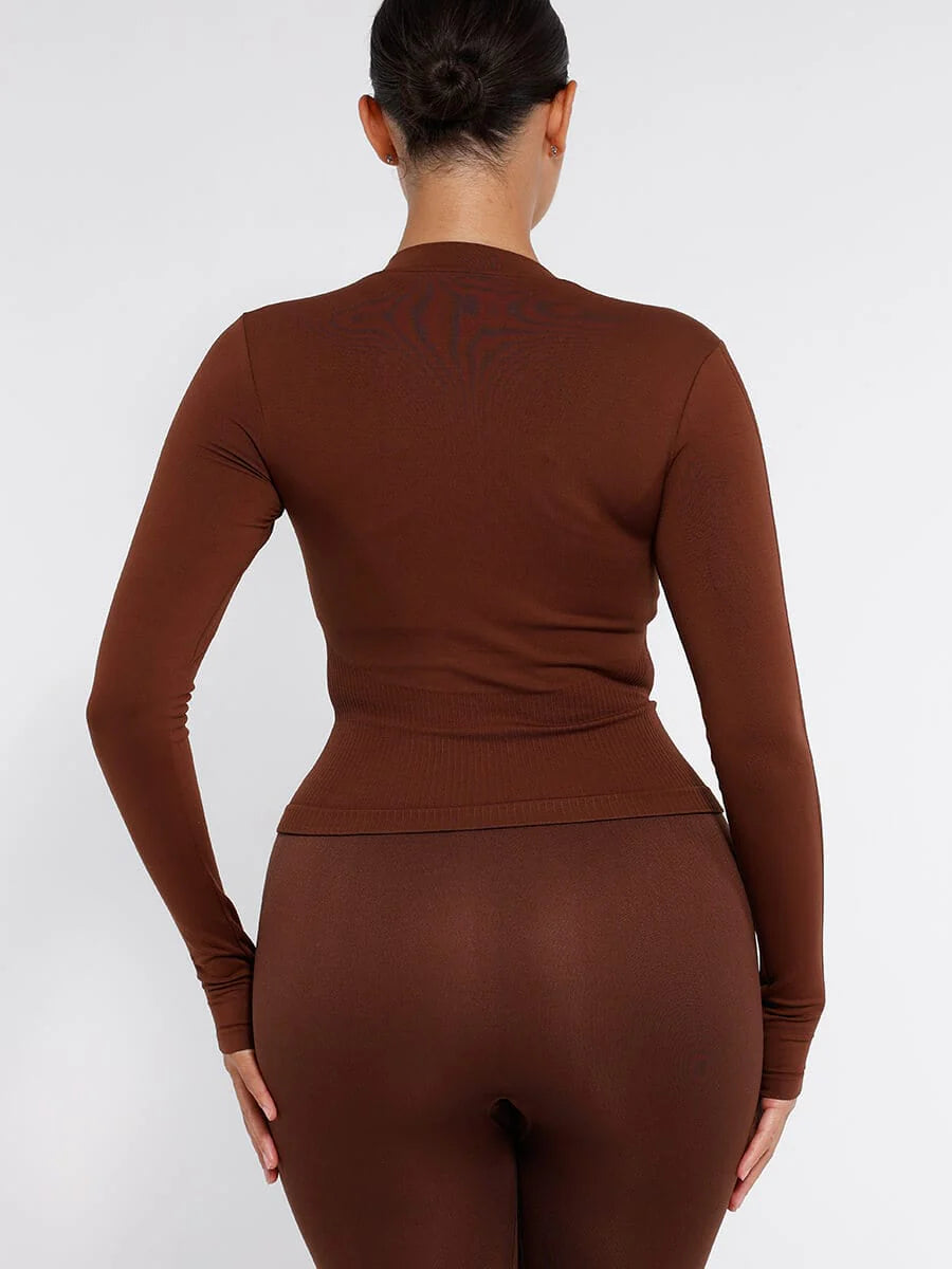 Full Zipper Running Top with Thumb Holes + Bust Support Racerback Sports Bra + Seamless High-Waist Leg Shaping Slimming Leggings