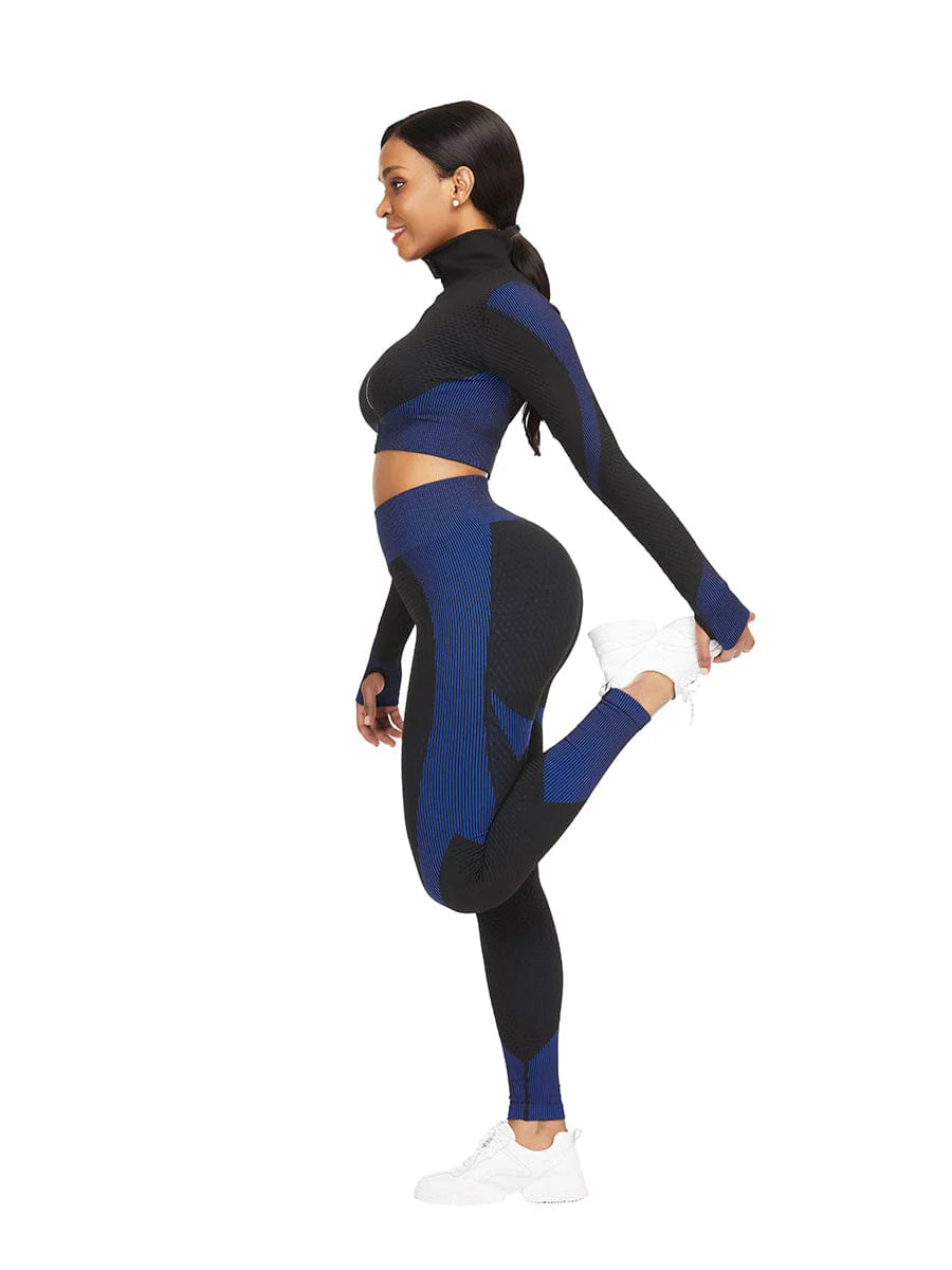 Zipper Patchwork 2-Piece Sports Set with Thumbholes & Elastic Fit