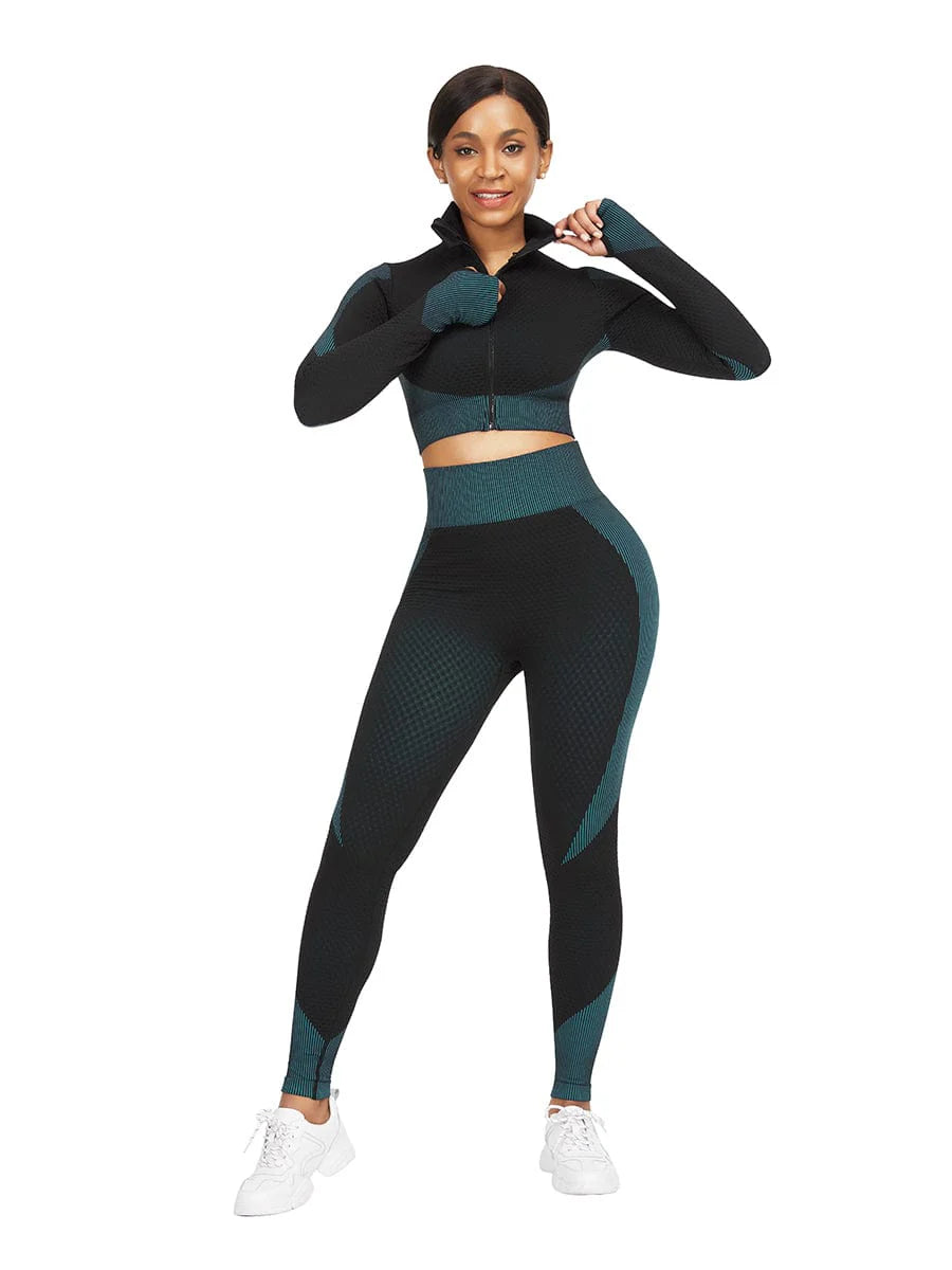 Zipper Patchwork 2-Piece Sports Set with Thumbholes & Elastic Fit