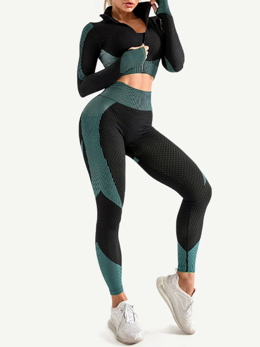 Zipper Patchwork 2-Piece Sports Set with Thumbholes & Elastic Fit