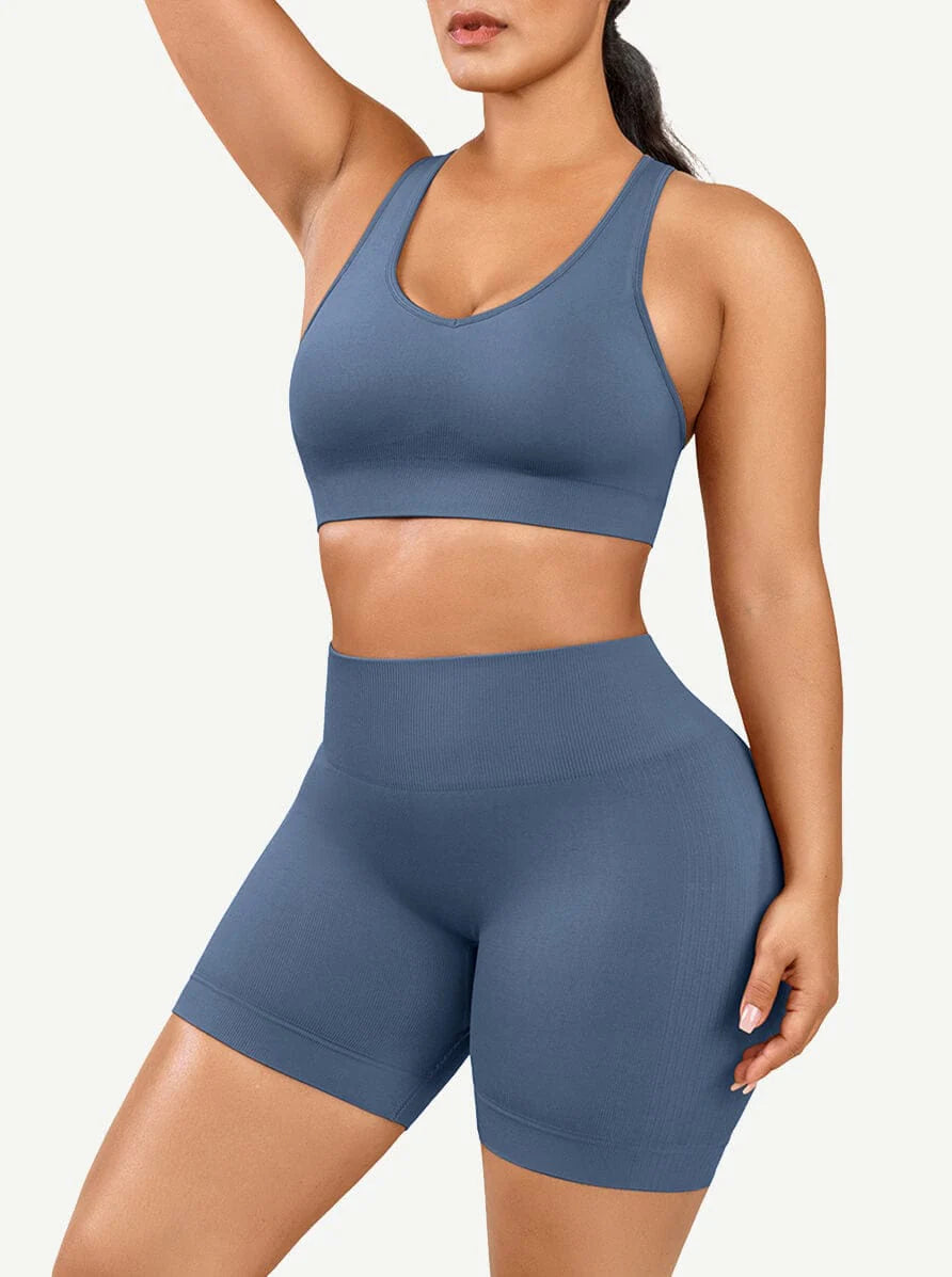 Eco-Friendly Seamless V-Neck Biker Shorts Set – Stylish & Sustainable Sportswear
