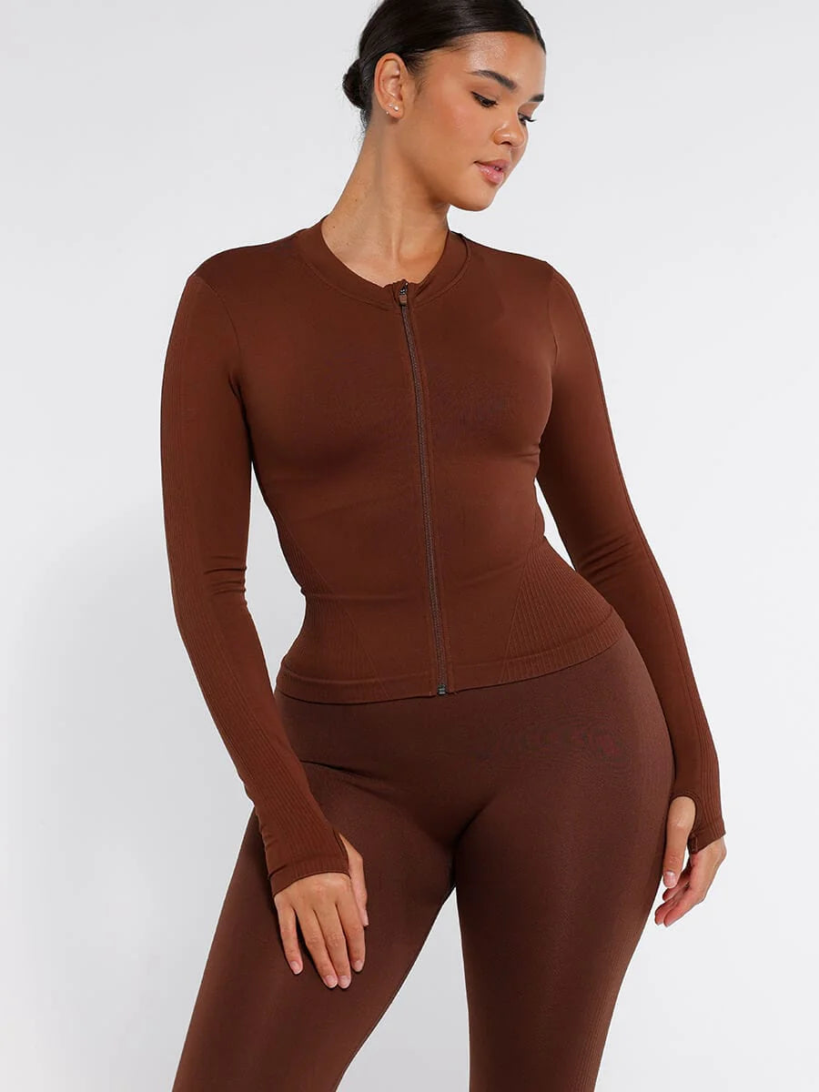 Full Zipper Running Top with Thumb Holes + Bust Support Racerback Sports Bra + Seamless High-Waist Leg Shaping Slimming Leggings
