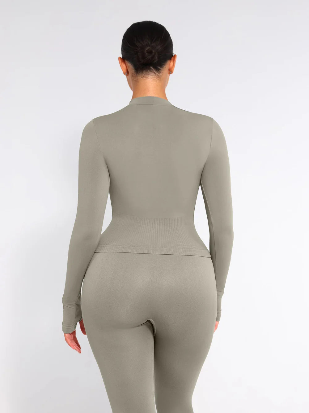 Full Zipper Running Top with Thumb Holes + Bust Support Racerback Sports Bra + Seamless High-Waist Leg Shaping Slimming Leggings