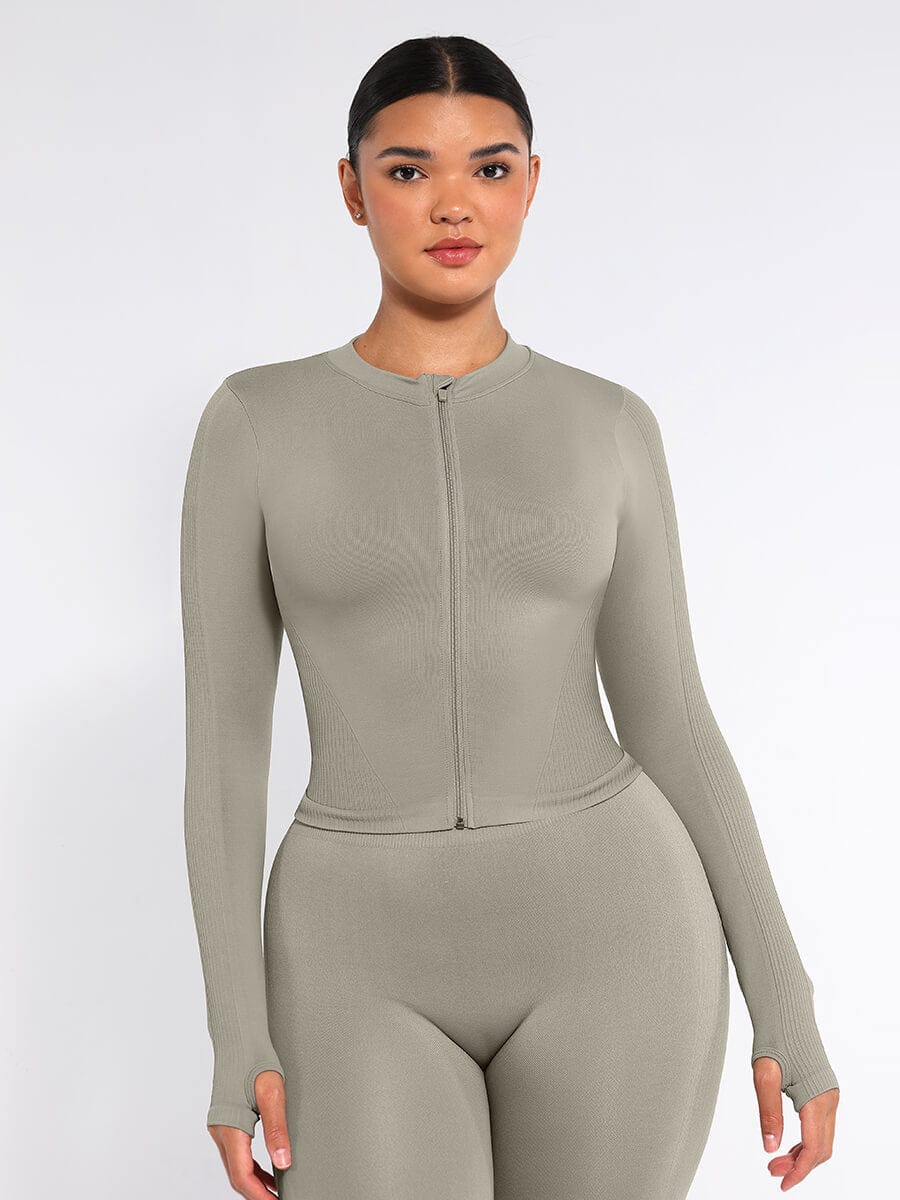 Full Zipper Running Top with Thumb Holes + Bust Support Racerback Sports Bra + Seamless High-Waist Leg Shaping Slimming Leggings