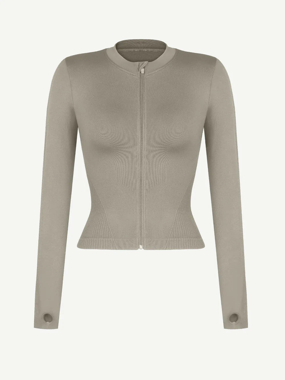 Full Zipper Running Top with Thumb Holes + Bust Support Racerback Sports Bra + Seamless High-Waist Leg Shaping Slimming Leggings