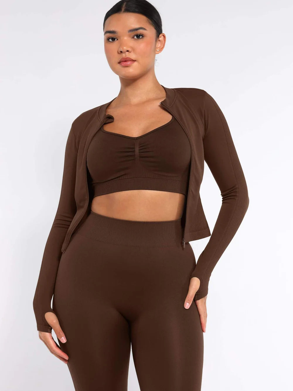 Full Zipper Running Top with Thumb Holes + Bust Support Racerback Sports Bra + Seamless High-Waist Leg Shaping Slimming Leggings