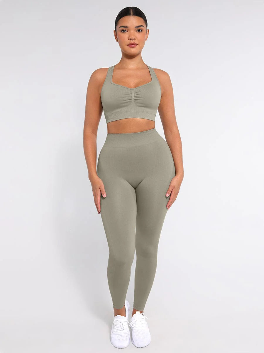 Full Zipper Running Top with Thumb Holes + Bust Support Racerback Sports Bra + Seamless High-Waist Leg Shaping Slimming Leggings